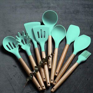 33 pcs Non-Stick Silicone Cooking Kitchen Utensil Spatula Green Set with Holder
